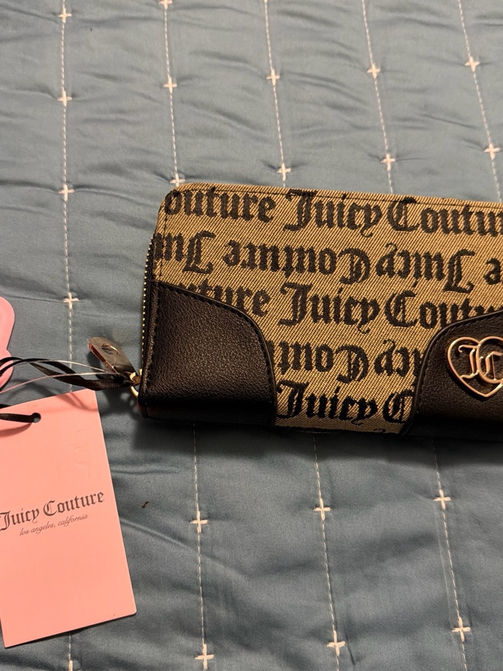 Juicy Couture Black & Tan Script Logo Zip Wallet